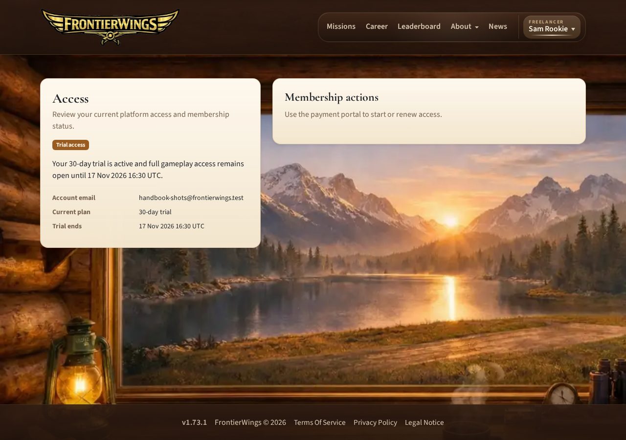 Account access/billing page showing the current access status