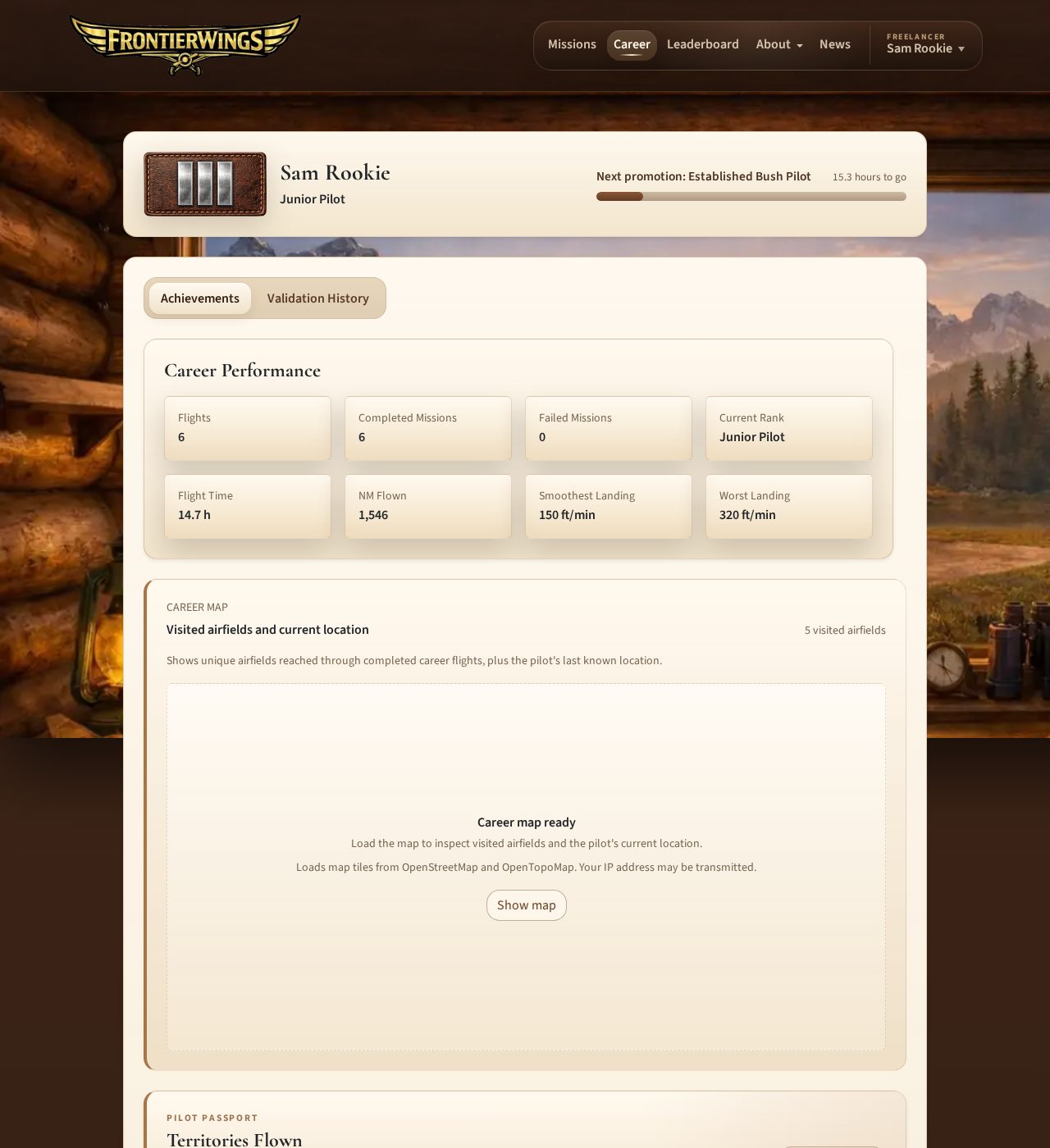 Career page top: totals, flight time, rank
