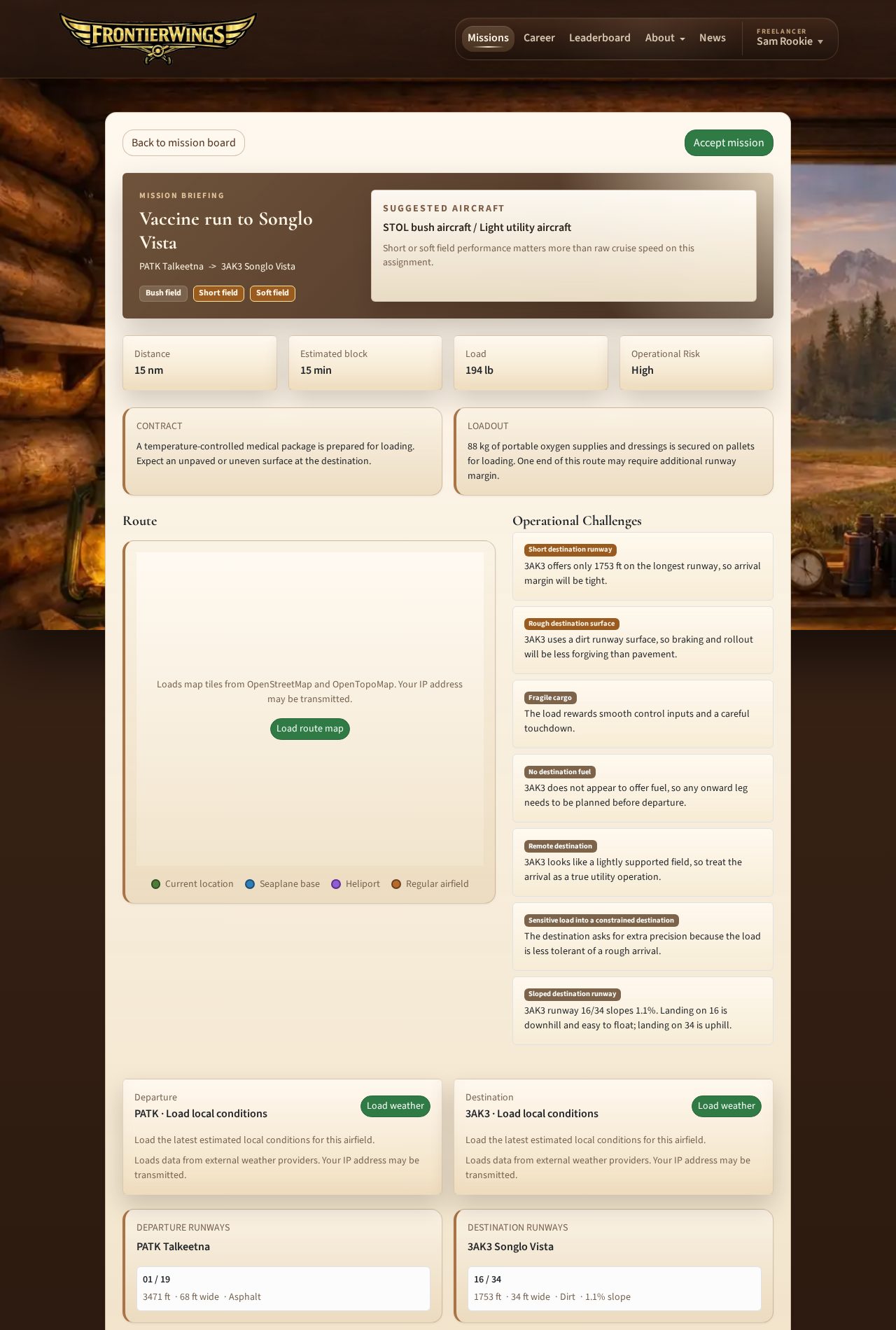 Full mission briefing: route, cargo, runway info, accept button