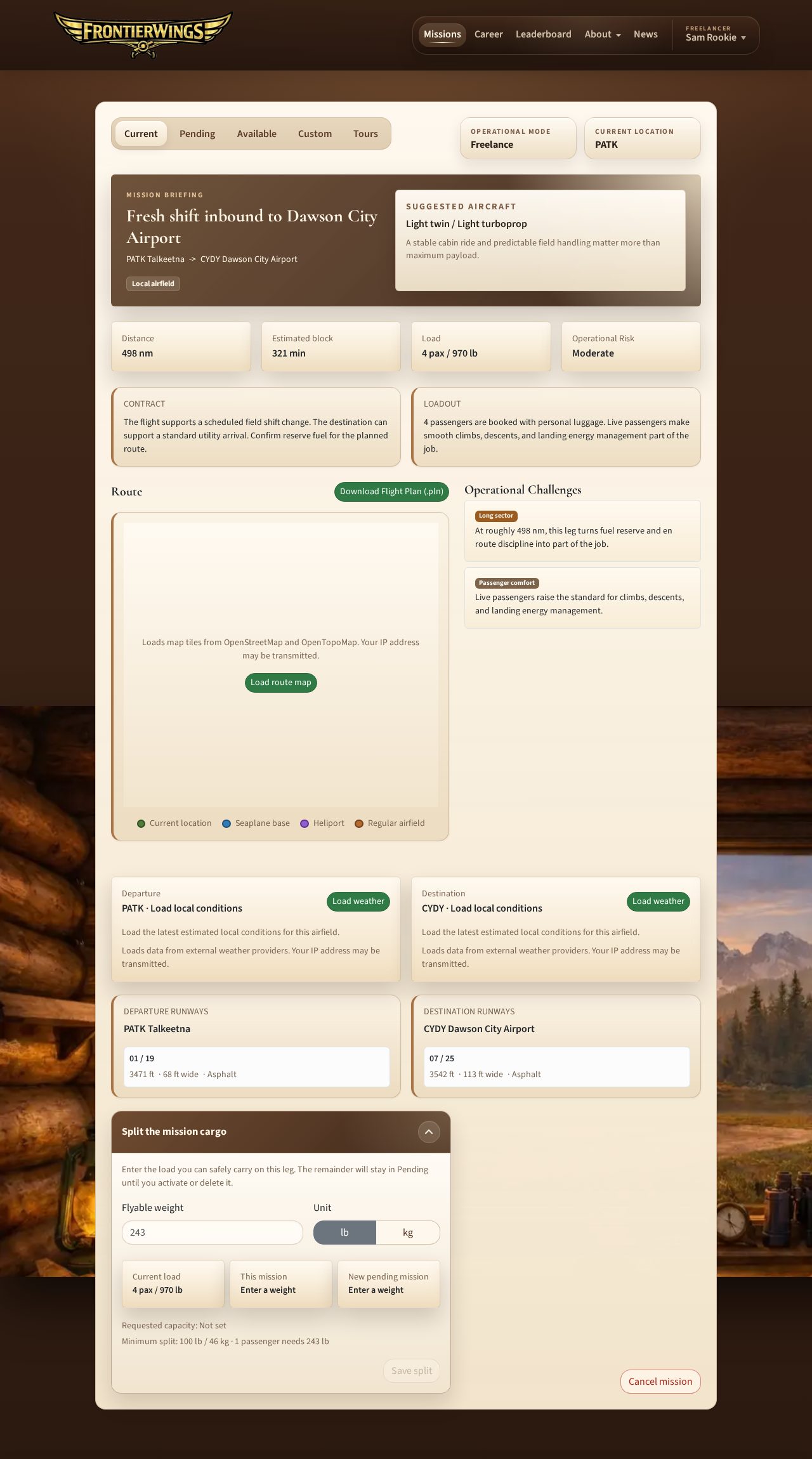 Pending mission with the split controls and stopover choice