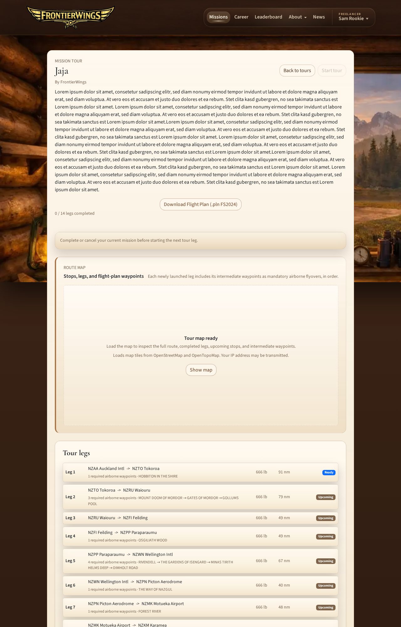 Tour page with legs, flight plan download and the cargo weight field next to the launch button