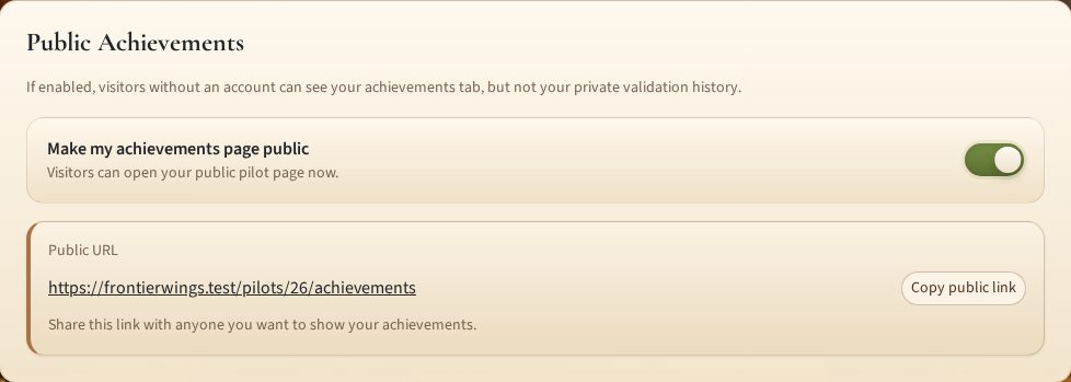 Public achievements sharing settings and a public profile