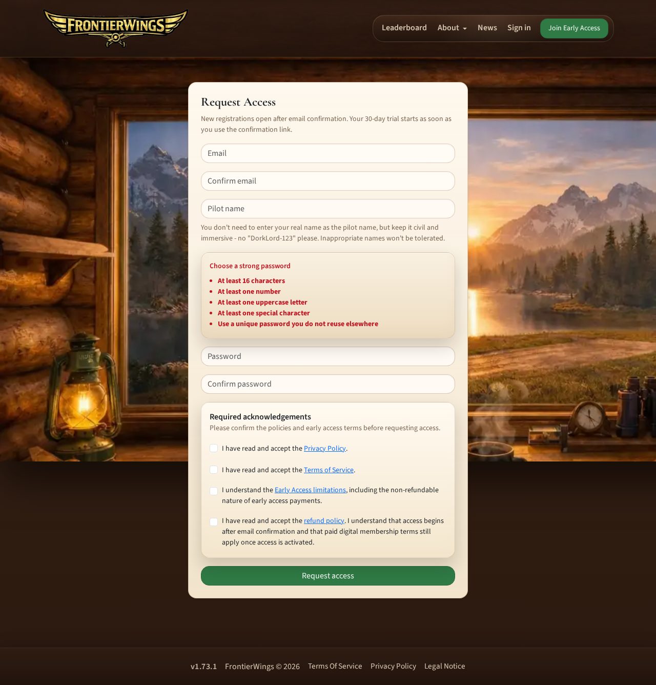 Registration page with all fields visible
